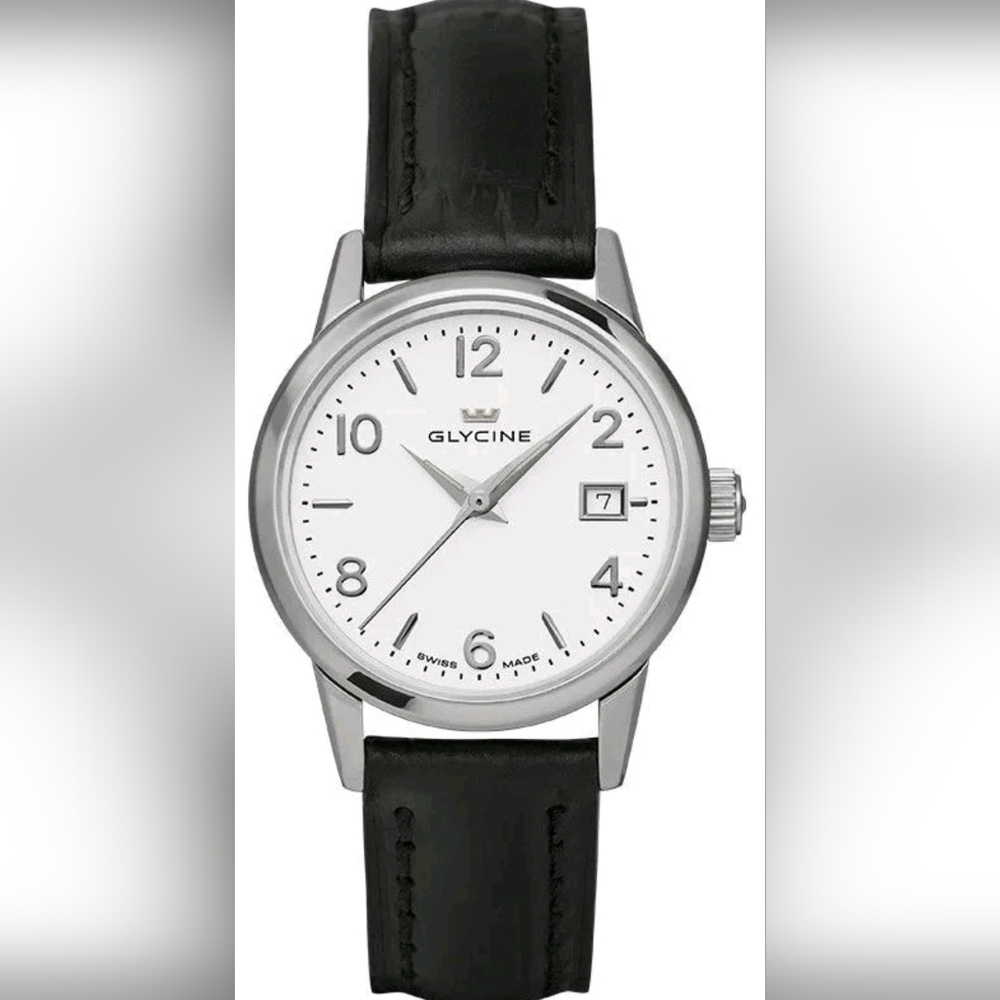 Glycine 3909-11-Lbk9 Women's Black Genuine Leather Swiss Made White Dial Watch